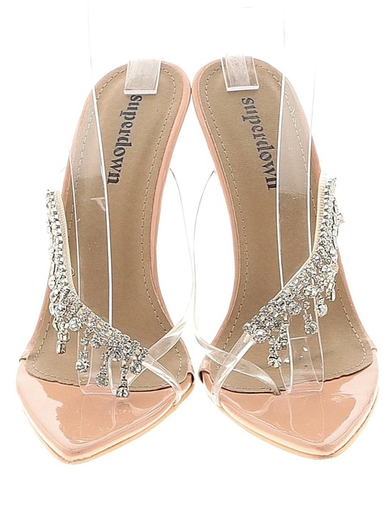 superdown Shoes - Superdown Nude Patent Clear Strap Heeled Sandals with Crystal Fringe